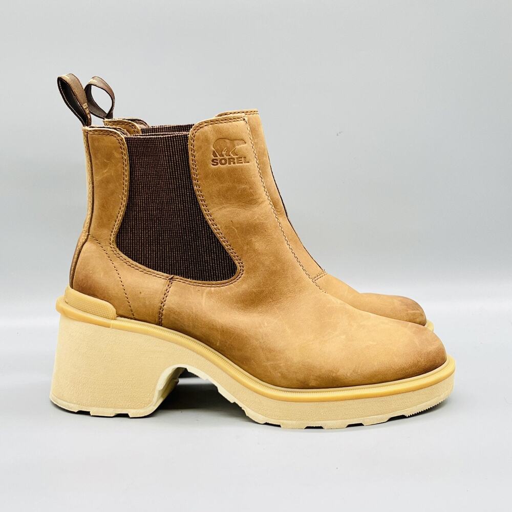 Sorel Boots Womens 9.5 Brown Leather Hi-Line Chelsea Platform Block Heel Shoes